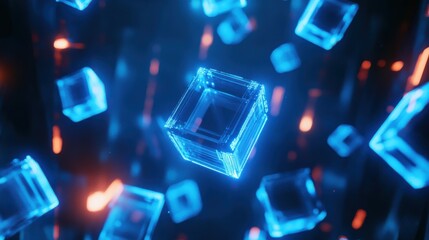 Fototapete - Floating Neon Cubes in Dark Space with Glowing Effects