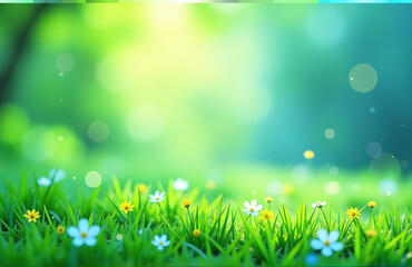 Aufkleber - A Vibrant Abstract Spring Landscape Featuring A Calming Mix Of Green And Blue Hues With Subtle Bokeh Effects In The Background.