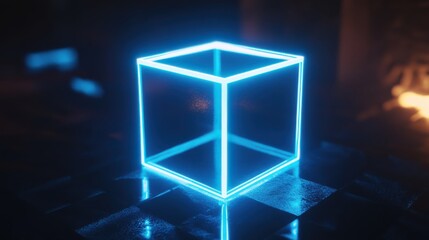 Poster - Glowing Blue Neon Cube on Dark Reflective Surface in Futuristic Setting