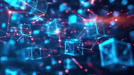 Aufkleber - Abstract Digital Blocks with Neon Blue and Pink Lights in Space