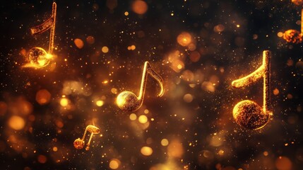 Wall Mural - golden music notes floating in shimmering sparkle background