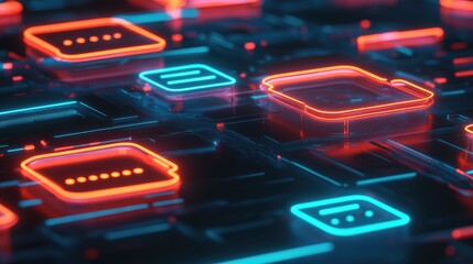 Poster - Glowing speech bubbles connected by thin neon lines in a futuristic setting.