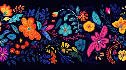 Poster - Vibrant Floral Pattern with Colorful Flowers and Leaves on Black Background