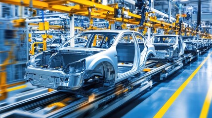 Poster - High-speed conveyor transporting vehicles through an automated quality control process.