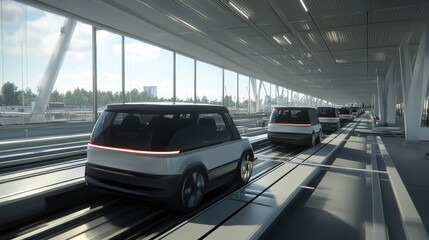 Poster - High-speed conveyor transporting vehicles through an automated quality control process.