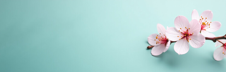 Poster - A Subtle Teal Background Features Soft Pinkish Cherry Blossoms In A Simple Yet Elegant Design.