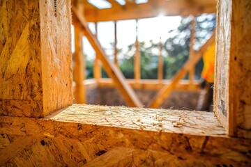 Poster - An abstract view of a house construction site focusing on the window frame, showcasing wood patterns and the building process in detail with bright sunlight.