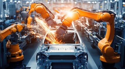Poster - High-tech car manufacturing plant with automated machines assembling vehicle parts.