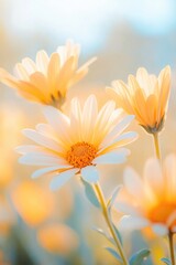 Poster - close-up of sunlit flowers glowing vibrantly in field their petals bathed in warm golden light
