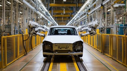 Poster - High-tech production line assembling electric cars with state-of-the-art robotic arms.