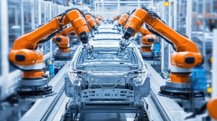 Poster - High-tech production line assembling electric cars with state-of-the-art robotic arms.