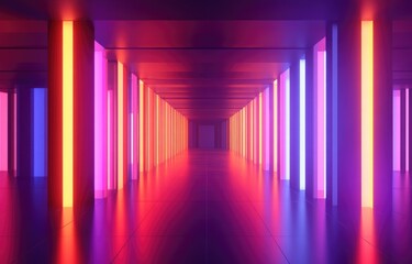 Poster - A futuristic corridor with vibrant neon columns emitting pink, purple, and orange light, reflecting on a glossy floor. Ideal for technology, cyberpunk, and modern design themes
