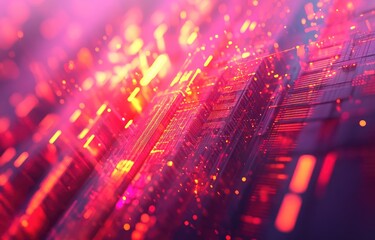 Aufkleber - A futuristic digital landscape with glowing red and pink data streams, circuit-like structures, and abstract light particles. Ideal for technology, AI, and cyber themes