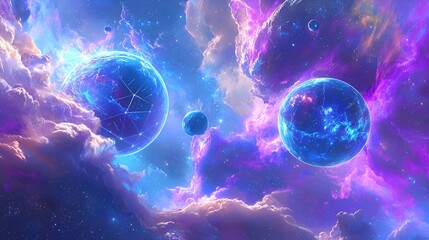 colorful space nebula with planets, cosmic clouds. potential for scientific or fantasy use