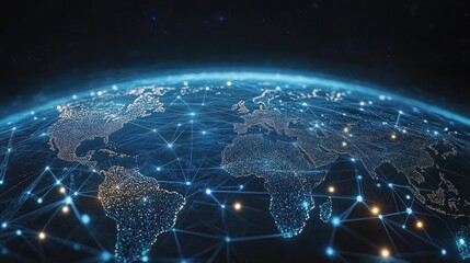 Poster - Holographic globe with interconnected data points representing real-time global communication.