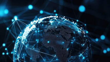 Poster - Holographic globe with interconnected data points representing real-time global communication.
