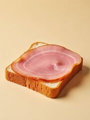 Poster - A Slice Of Ham Is Carefully Placed On Golden, Crispy Bread With Emphasis On Its Fresh, Juicy Texture Amidst A Plain Beige Background.