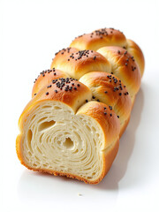 Poster - A Slice Of Braided Bread Sprinkled With Poppy Seeds Is Isolated On A Plain White Background In This Image.