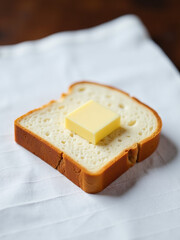 Poster - A Simple Slice Of Bread Sits On A Clean White Tablecloth With A Pat Of Butter Placed On Top.