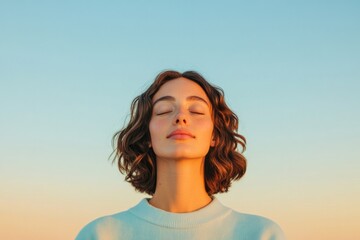 Poster - minimalistic portrait of person with serene expression against blurred background that emphasizes copy space for text