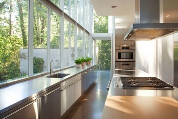 Poster - modern kitchen with sleek countertops stainless steel appliances and natural light streaming through large