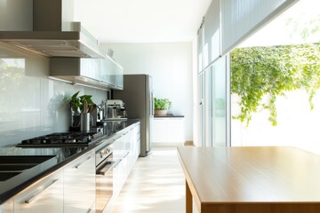 Poster - modern kitchen with sleek countertops stainless steel appliances and natural light streaming through large