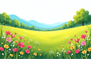 Aufkleber - A Serene Meadow Landscape With Vibrant Colors Set Against A Transparent Png Background Evokes A Sense Of Summertime Serenity.