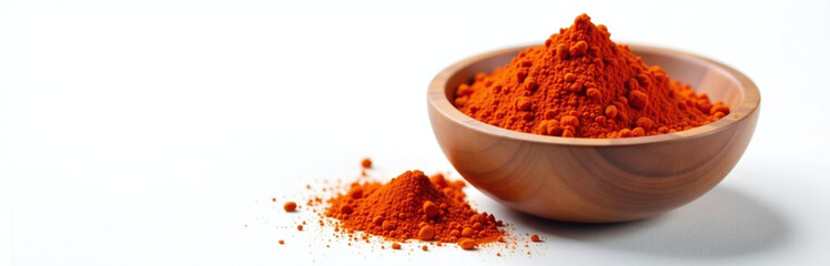 Poster - A Rustic Wooden Bowl Is Filled With Vibrant Paprika Powder, Isolated Against A Clean And Neutral White Background.