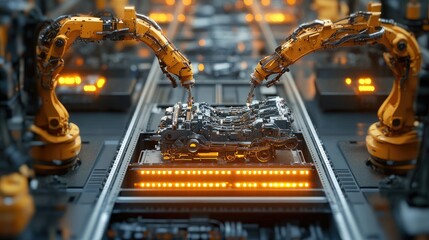 Poster - Industrial robotic arms in a high-speed car production line working on assembling engines.