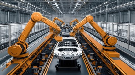 Poster - Industrial robotic arms in a high-speed car production line working on assembling engines.