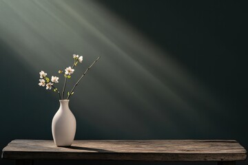 Poster - single vase with delicate flowers on rustic wooden table soft natural light spilling gently across scene