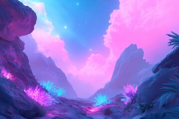 Poster - stunning alien planet landscape with vibrant bioluminescent flora and unique surreal creatures roaming terrain colorful