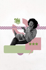 Aufkleber - Template sketch composite artwork collage of young lady hold smartphone talk speech cloud laptop percent business worker hr employment