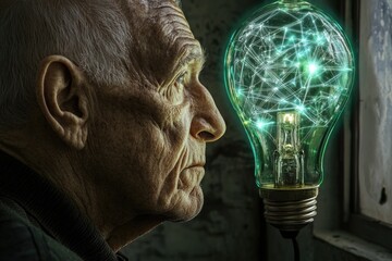 Wall Mural - an elderly man contemplates a glowing lightbulb, symbolizing wisdom, experience, and the spark of ne