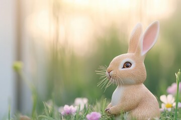 Poster - whimsical close-up of easter bunny figurine surrounded by soft grass and flowers with blurred backgr