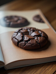 Poster - A Glossy Magazine Page Showcases A Single Dark Double Chocolate Cookie Sitting Alone On A Simple Wooden Table Top.