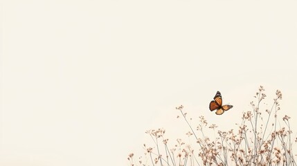 Poster - Delicate Monarch Butterfly Fluttering Over Muted Orange Floral Background, Minimalist Nature Scene