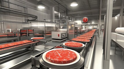 Poster - Modern food factory with automated conveyor belts transporting pre-packaged meals.