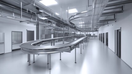 Poster - Modern food factory with automated conveyor belts transporting pre-packaged meals.