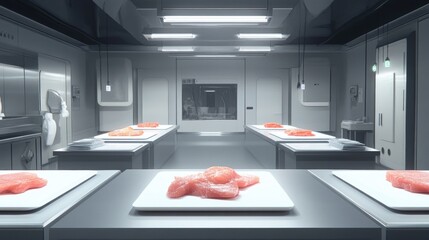 Poster - Modern food factory with automated conveyor belts transporting pre-packaged meals.