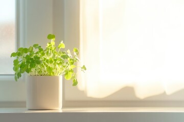 Poster - fresh herb sprouts on kitchen windowsill illuminated by warm natural light streaming through glass