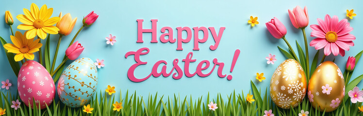 Poster - A Colorful Happy Easter Banner Displays Vibrant Spring Flowers And Intricately Painted Golden Easter Eggs In A Joyful Display.