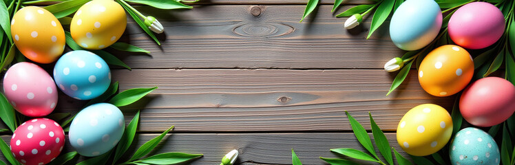 Poster - A Colorful Easter Egg Design Wraps Around A Rustic Wooden Banner With Copy Space To Create A Unique Visual Statement Online.
