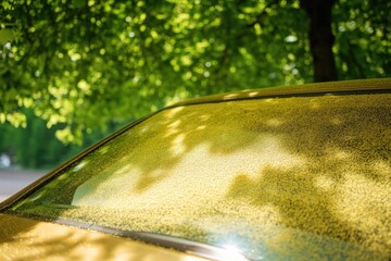 Poster - close-up of car windshield covered in yellow pollen dust parked under tree in spring with natural lighting enhancing
