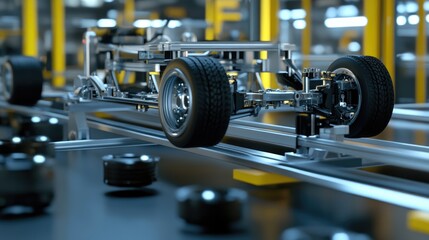 Poster - Production line in a car factory with robotic machines attaching tires to vehicles.