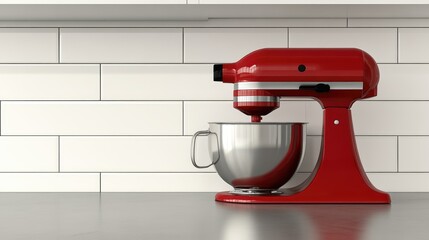 Red stand mixer with a whisk attachment blending ingredients in a bright, modern kitchen.