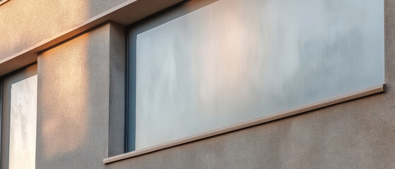 Wall Mural - Modern architecture featuring large reflective windows on a minimalist building exterior at sunset