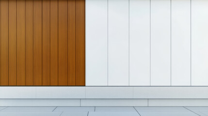 Wall Mural - Modern architectural design featuring contrasting wooden and white panels in urban setting