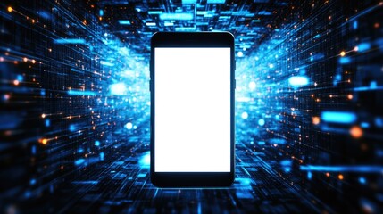 Poster - Smartphone floating against a tech-inspired digital background, blank touchscreen glowing.
