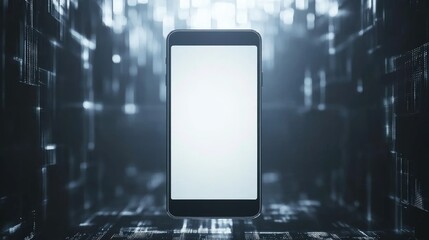 Poster - Smartphone floating against a tech-inspired digital background, blank touchscreen glowing.